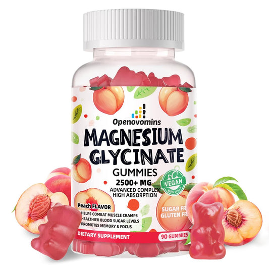 Magnesiumglycinat Gummies 2500mg – Zuckerfreies Magnesium-Kalium-Präparat mit Vitamin D, B6, CoQ10 für Ruhe und Schlaf – 90 Pfirsich-Gummis