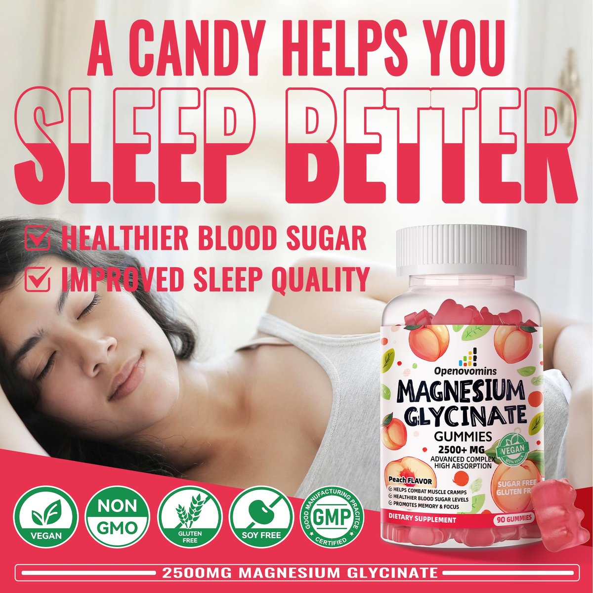 Magnesiumglycinat Gummies 2500mg – Zuckerfreies Magnesium-Kalium-Präparat mit Vitamin D, B6, CoQ10 für Ruhe und Schlaf – 90 Pfirsich-Gummis