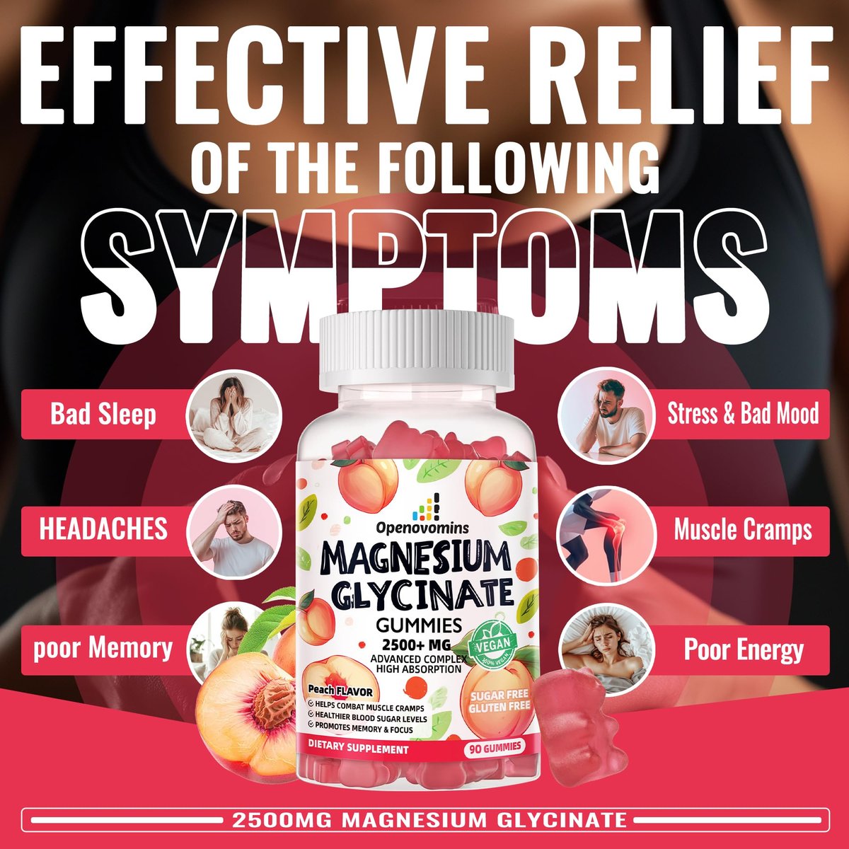 Magnesiumglycinat Gummies 2500mg – Zuckerfreies Magnesium-Kalium-Präparat mit Vitamin D, B6, CoQ10 für Ruhe und Schlaf – 90 Pfirsich-Gummis