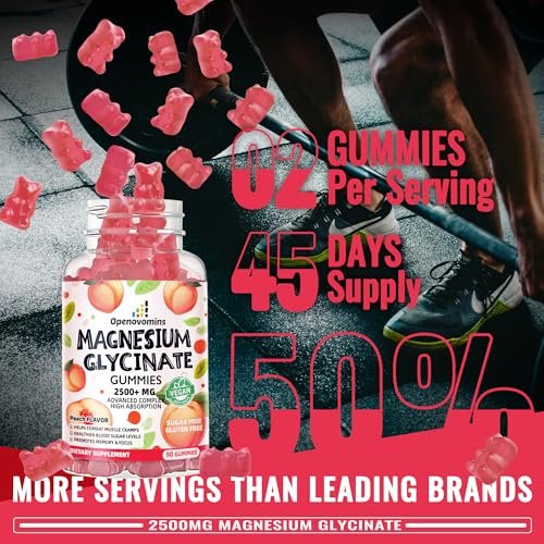 Magnesiumglycinat Gummies 2500mg – Zuckerfreies Magnesium-Kalium-Präparat mit Vitamin D, B6, CoQ10 für Ruhe und Schlaf – 90 Pfirsich-Gummis