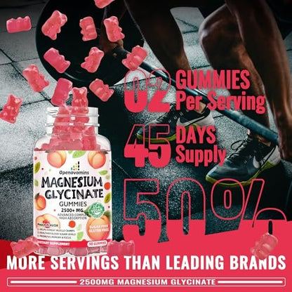 Magnesiumglycinat Gummies 2500mg – Zuckerfreies Magnesium-Kalium-Präparat mit Vitamin D, B6, CoQ10 für Ruhe und Schlaf – 90 Pfirsich-Gummis