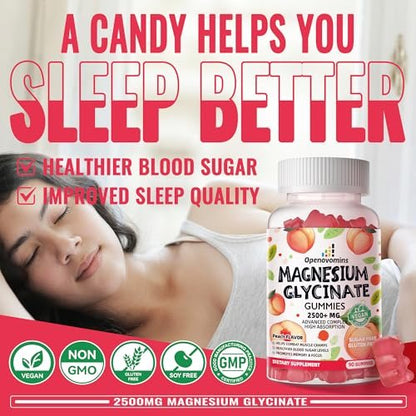 Magnesiumglycinat Gummies 2500mg – Zuckerfreies Magnesium-Kalium-Präparat mit Vitamin D, B6, CoQ10 für Ruhe und Schlaf – 90 Pfirsich-Gummis