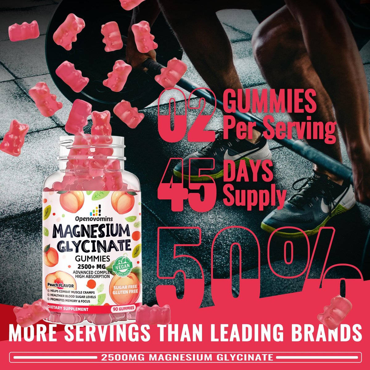Magnesiumglycinat Gummies 2500mg – Zuckerfreies Magnesium-Kalium-Präparat mit Vitamin D, B6, CoQ10 für Ruhe und Schlaf – 90 Pfirsich-Gummis