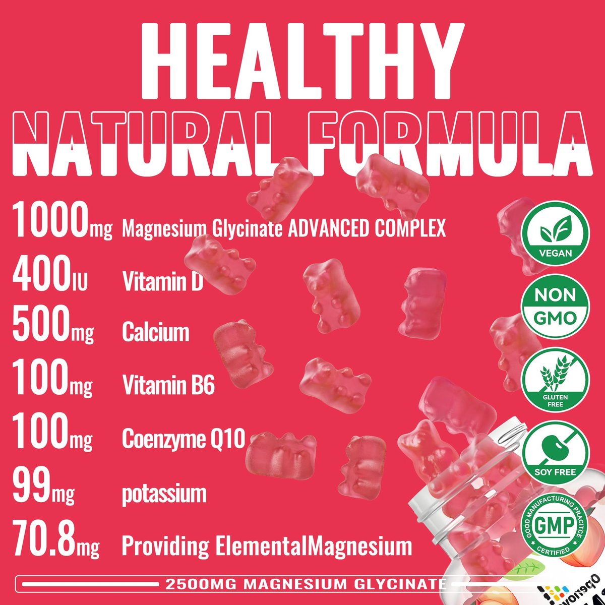 Magnesiumglycinat Gummies 2500mg – Zuckerfreies Magnesium-Kalium-Präparat mit Vitamin D, B6, CoQ10 für Ruhe und Schlaf – 90 Pfirsich-Gummis