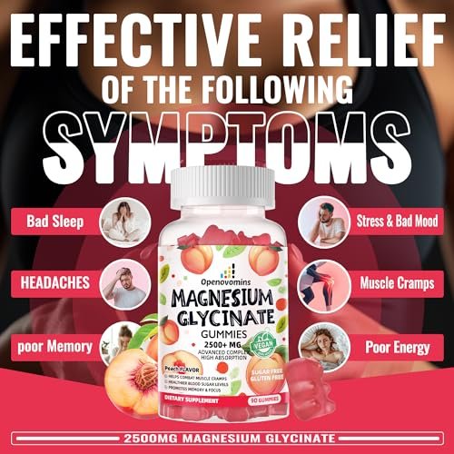 Magnesiumglycinat Gummies 2500mg – Zuckerfreies Magnesium-Kalium-Präparat mit Vitamin D, B6, CoQ10 für Ruhe und Schlaf – 90 Pfirsich-Gummis