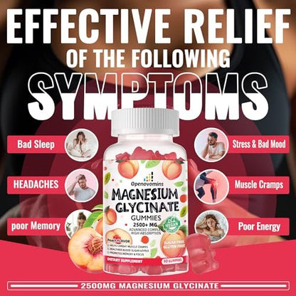 Magnesiumglycinat Gummies 2500mg – Zuckerfreies Magnesium-Kalium-Präparat mit Vitamin D, B6, CoQ10 für Ruhe und Schlaf – 90 Pfirsich-Gummis