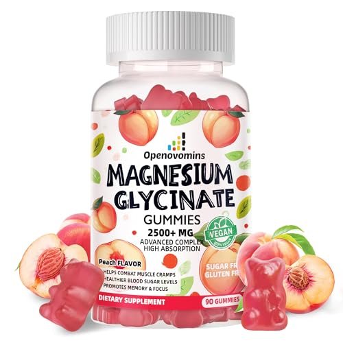 Magnesiumglycinat Gummies 2500mg – Zuckerfreies Magnesium-Kalium-Präparat mit Vitamin D, B6, CoQ10 für Ruhe und Schlaf – 90 Pfirsich-Gummis