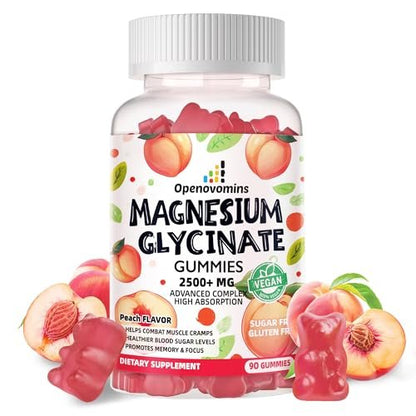 Magnesiumglycinat Gummies 2500mg – Zuckerfreies Magnesium-Kalium-Präparat mit Vitamin D, B6, CoQ10 für Ruhe und Schlaf – 90 Pfirsich-Gummis