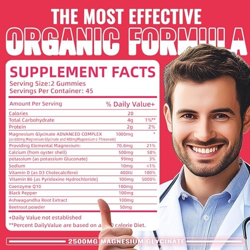 Magnesiumglycinat Gummies 2500mg – Zuckerfreies Magnesium-Kalium-Präparat mit Vitamin D, B6, CoQ10 für Ruhe und Schlaf – 90 Pfirsich-Gummis