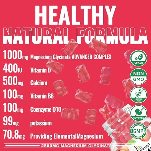 Magnesiumglycinat Gummies 2500mg – Zuckerfreies Magnesium-Kalium-Präparat mit Vitamin D, B6, CoQ10 für Ruhe und Schlaf – 90 Pfirsich-Gummis
