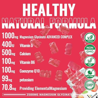 Magnesiumglycinat Gummies 2500mg – Zuckerfreies Magnesium-Kalium-Präparat mit Vitamin D, B6, CoQ10 für Ruhe und Schlaf – 90 Pfirsich-Gummis