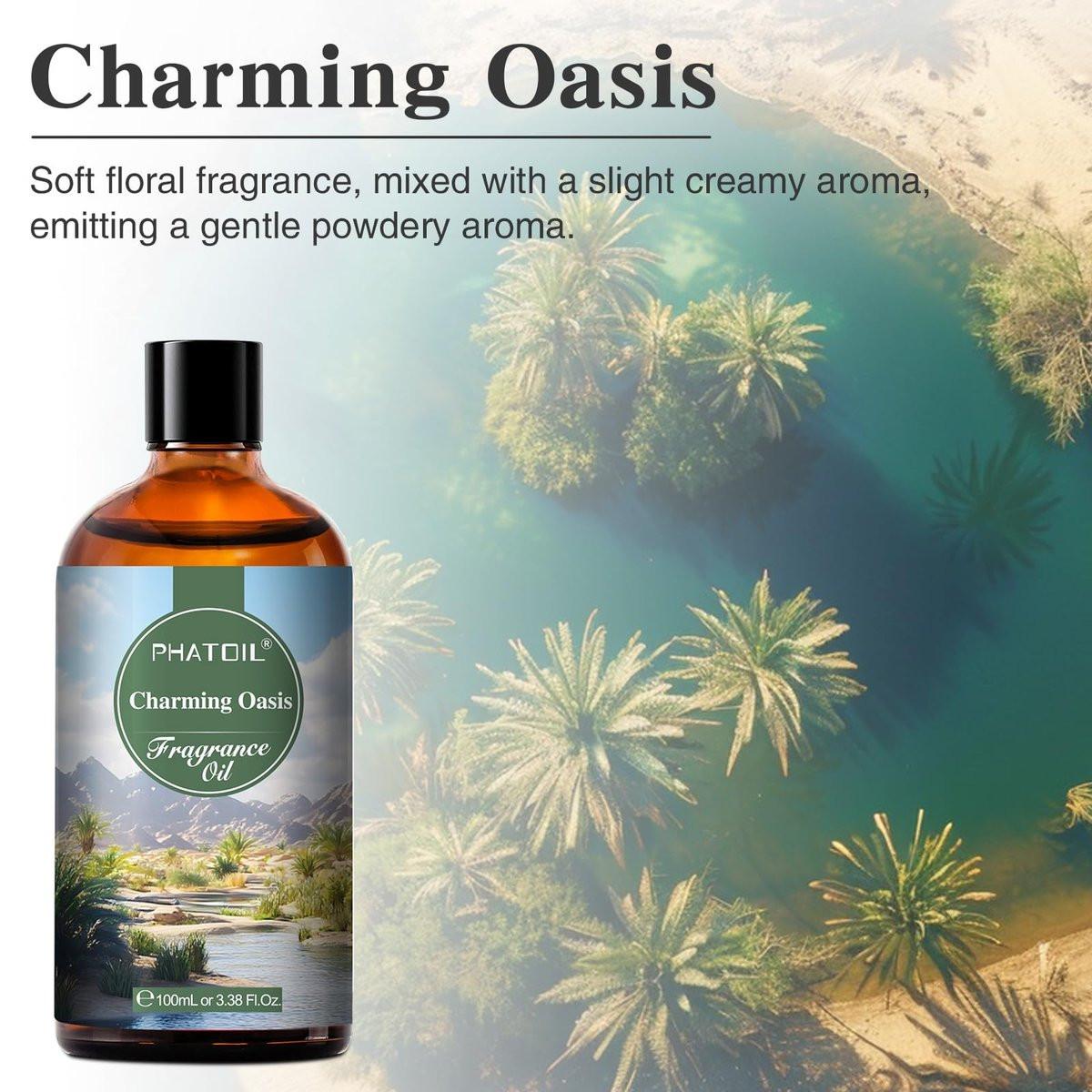 PHATOIL Charming Oasis Duftöl für Aromatherapie, 3,38 Fl. Oz Diffusoröl für Zuhause, Ideal für Aromatherapie, Luftbefeuchter, Yoga, DIY Kerzen- und Seifenherstellung - 100 ml
