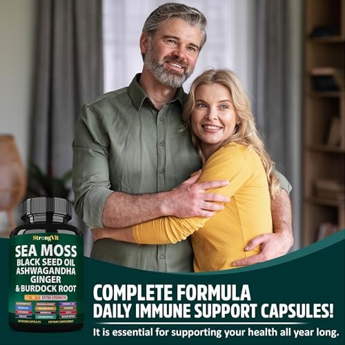 StrongVit Sea Moss Black Seed Oil Ashwagandha Ginger – Bio Seemoos Kapseln mit Klettenwurzel, irische Seemoos Pillen mit Bladderwrack, fortschrittliches Multimineralpräparat, USA