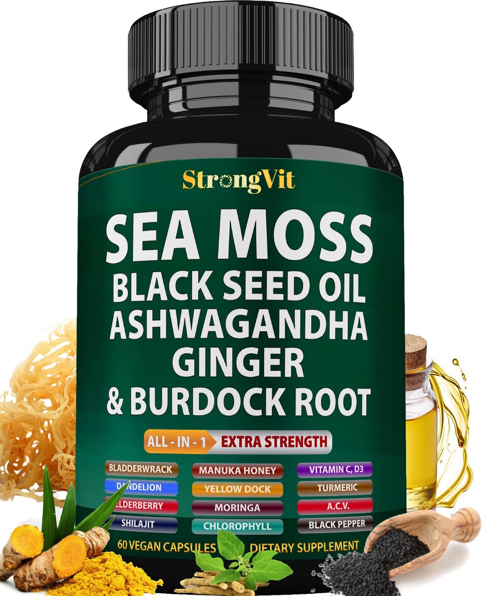StrongVit Sea Moss Black Seed Oil Ashwagandha Ginger – Bio Seemoos Kapseln mit Klettenwurzel, irische Seemoos Pillen mit Bladderwrack, fortschrittliches Multimineralpräparat, USA