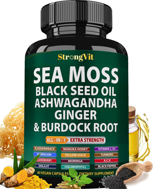 StrongVit Sea Moss Black Seed Oil Ashwagandha Ginger – Bio Seemoos Kapseln mit Klettenwurzel, irische Seemoos Pillen mit Bladderwrack, fortschrittliches Multimineralpräparat, USA