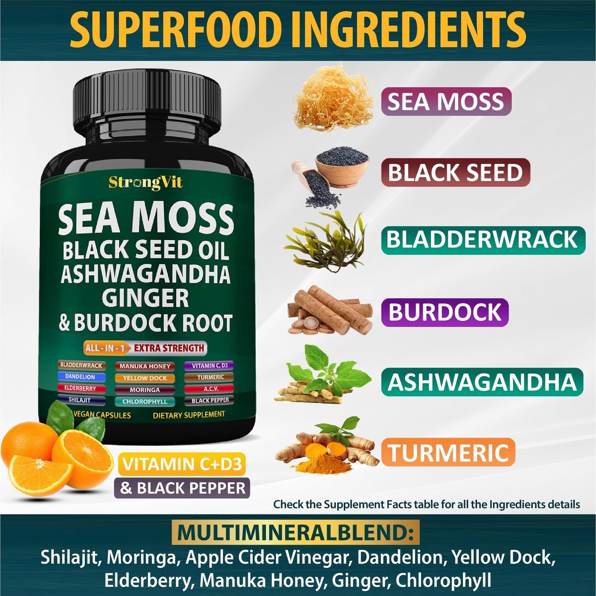 StrongVit Sea Moss Black Seed Oil Ashwagandha Ginger – Bio Seemoos Kapseln mit Klettenwurzel, irische Seemoos Pillen mit Bladderwrack, fortschrittliches Multimineralpräparat, USA