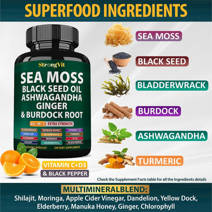 StrongVit Sea Moss Black Seed Oil Ashwagandha Ginger – Bio Seemoos Kapseln mit Klettenwurzel, irische Seemoos Pillen mit Bladderwrack, fortschrittliches Multimineralpräparat, USA