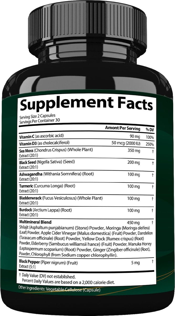 StrongVit Sea Moss Black Seed Oil Ashwagandha Ginger – Bio Seemoos Kapseln mit Klettenwurzel, irische Seemoos Pillen mit Bladderwrack, fortschrittliches Multimineralpräparat, USA