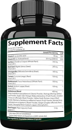 StrongVit Sea Moss Black Seed Oil Ashwagandha Ginger – Bio Seemoos Kapseln mit Klettenwurzel, irische Seemoos Pillen mit Bladderwrack, fortschrittliches Multimineralpräparat, USA