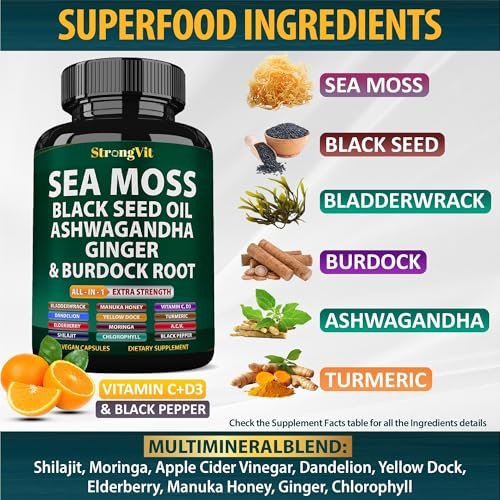 StrongVit Sea Moss Black Seed Oil Ashwagandha Ginger – Bio Seemoos Kapseln mit Klettenwurzel, irische Seemoos Pillen mit Bladderwrack, fortschrittliches Multimineralpräparat, USA