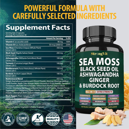 StrongVit Sea Moss Black Seed Oil Ashwagandha Ginger – Bio Seemoos Kapseln mit Klettenwurzel, irische Seemoos Pillen mit Bladderwrack, fortschrittliches Multimineralpräparat, USA