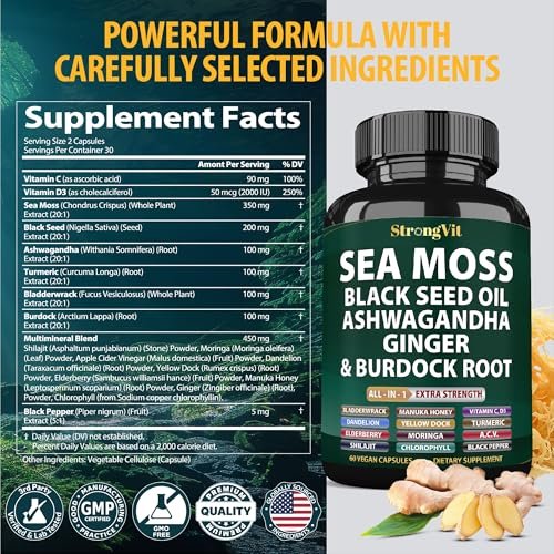 StrongVit Sea Moss Black Seed Oil Ashwagandha Ginger – Bio Seemoos Kapseln mit Klettenwurzel, irische Seemoos Pillen mit Bladderwrack, fortschrittliches Multimineralpräparat, USA