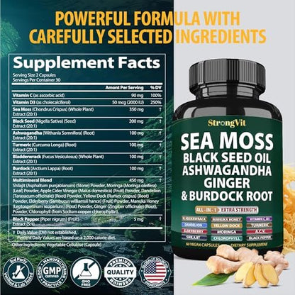 StrongVit Sea Moss Black Seed Oil Ashwagandha Ginger – Bio Seemoos Kapseln mit Klettenwurzel, irische Seemoos Pillen mit Bladderwrack, fortschrittliches Multimineralpräparat, USA