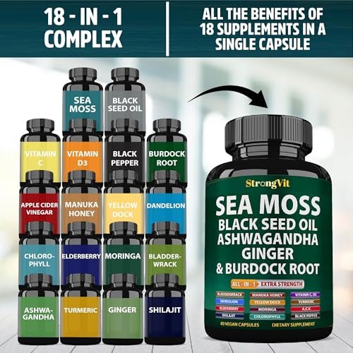 StrongVit Sea Moss Black Seed Oil Ashwagandha Ginger – Bio Seemoos Kapseln mit Klettenwurzel, irische Seemoos Pillen mit Bladderwrack, fortschrittliches Multimineralpräparat, USA