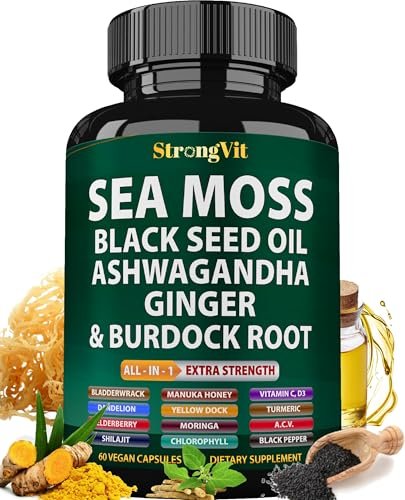 StrongVit Sea Moss Black Seed Oil Ashwagandha Ginger – Bio Seemoos Kapseln mit Klettenwurzel, irische Seemoos Pillen mit Bladderwrack, fortschrittliches Multimineralpräparat, USA