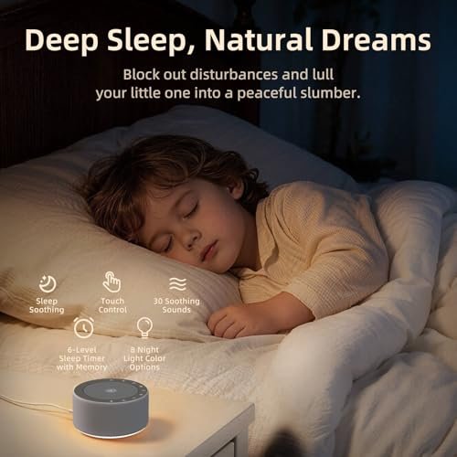 Kipcush Weißes Rauschen Maschine - Sanfte, nicht blendende Nachtlampe, 30 beruhigende Klänge, 8 Farben Licht, max. 8-Stunden-Timer für Baby & Erwachsene (1 Grau, Standard)