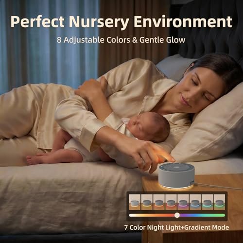 Kipcush Weißes Rauschen Maschine - Sanfte, nicht blendende Nachtlampe, 30 beruhigende Klänge, 8 Farben Licht, max. 8-Stunden-Timer für Baby & Erwachsene (1 Grau, Standard)