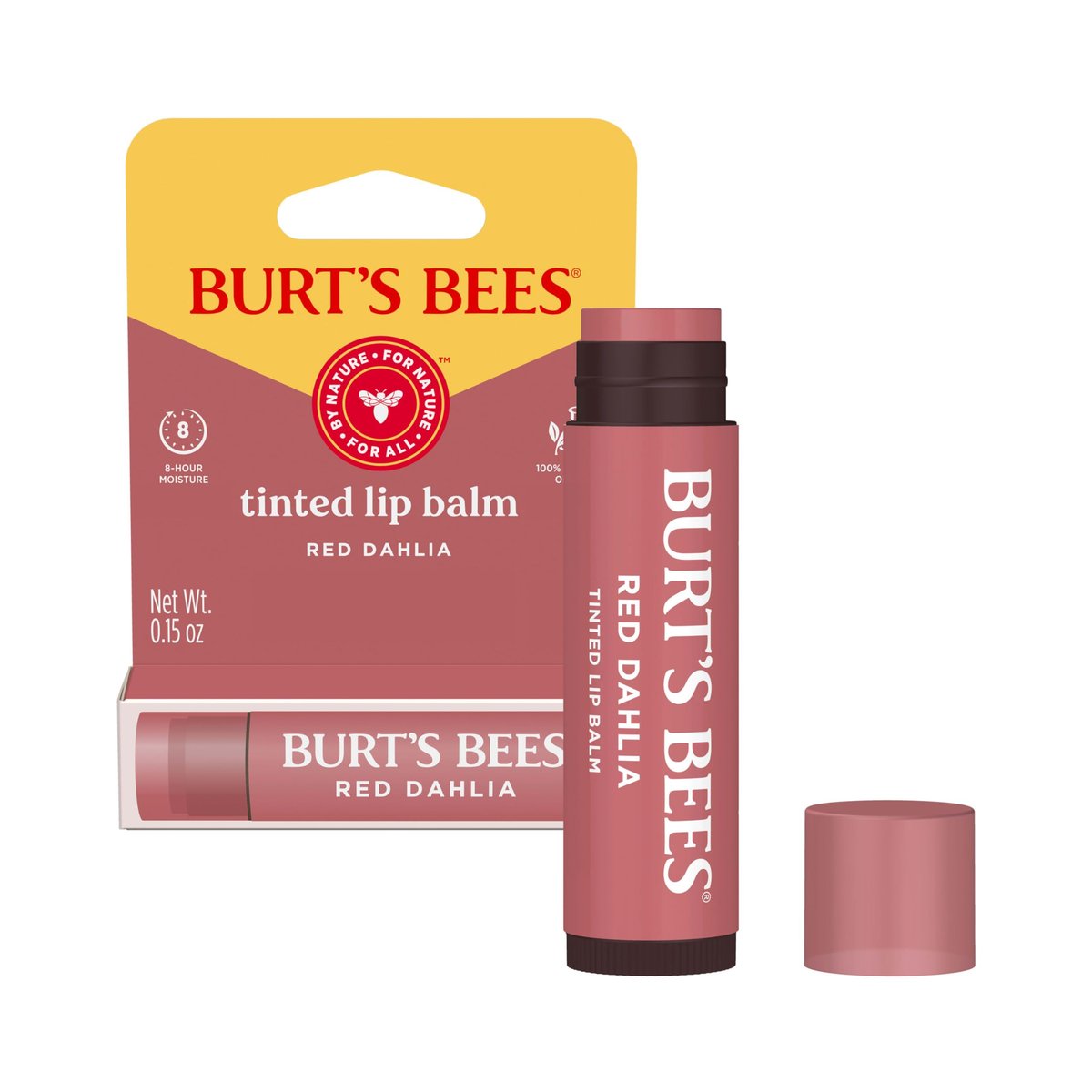 Burt's Bees Lippenpflegestift Tönend, Lang anhaltendes 2-in-1 Duo, Getönter Balsam mit feuchtigkeitsspendender Sheabutter für einen natürlich aussehenden, aufbaubaren Farbauftrag, Rote Dahlie, 1 Tube