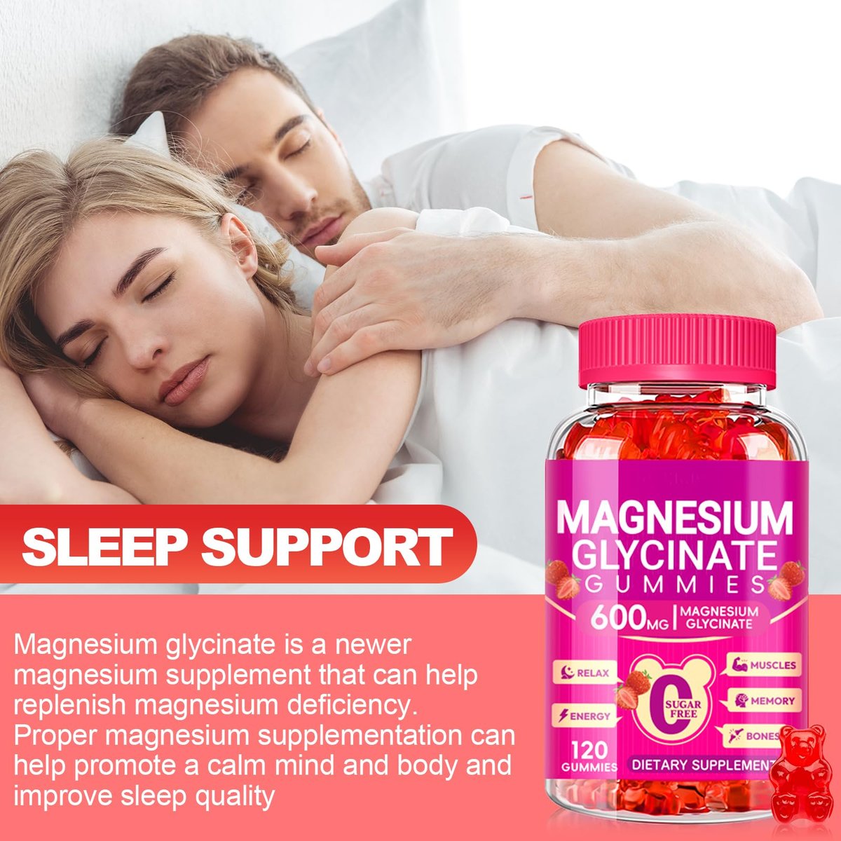 Magnesium Glycinat Gummibärchen 600mg – Zuckerfrei, mit Kalium, Vitamin D, B6 & CoQ10 – 120 Stück (60 Tage Vorrat)