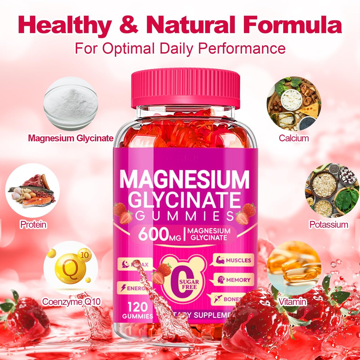 Magnesium Glycinat Gummibärchen 600mg – Zuckerfrei, mit Kalium, Vitamin D, B6 & CoQ10 – 120 Stück (60 Tage Vorrat)