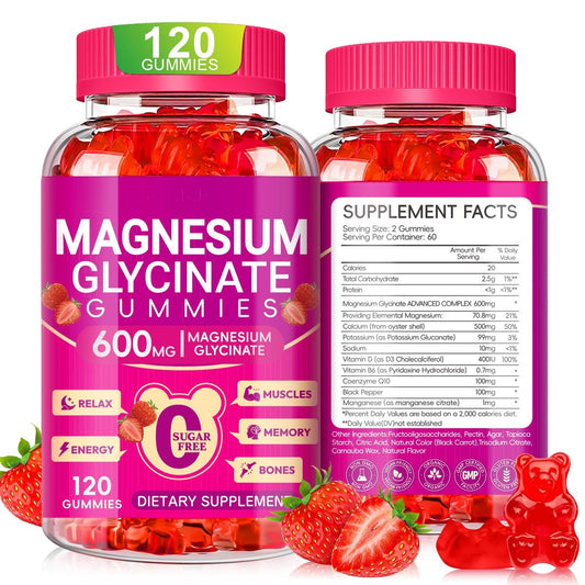 Magnesium Glycinat Gummibärchen 600mg – Zuckerfrei, mit Kalium, Vitamin D, B6 & CoQ10 – 120 Stück (60 Tage Vorrat)