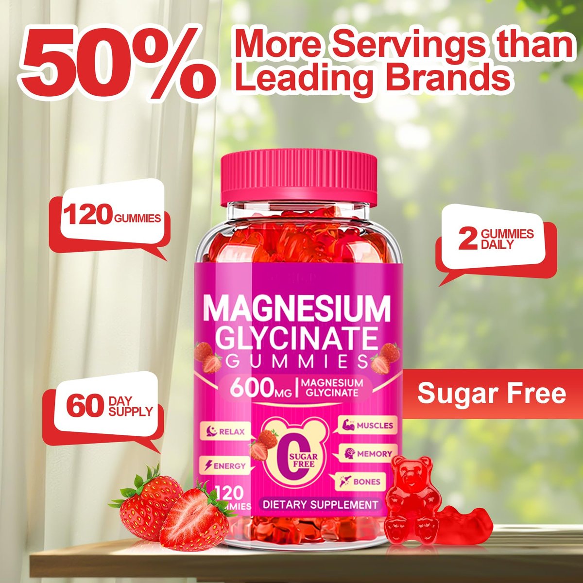 Magnesium Glycinat Gummibärchen 600mg – Zuckerfrei, mit Kalium, Vitamin D, B6 & CoQ10 – 120 Stück (60 Tage Vorrat)