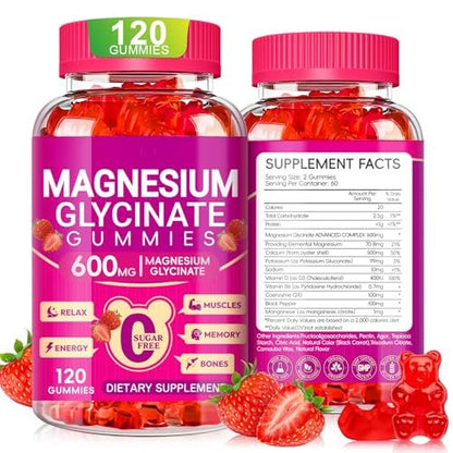 Magnesium Glycinat Gummibärchen 600mg – Zuckerfrei, mit Kalium, Vitamin D, B6 & CoQ10 – 120 Stück (60 Tage Vorrat)