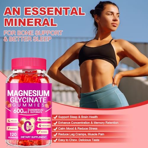 Magnesium Glycinat Gummibärchen 600mg – Zuckerfrei, mit Kalium, Vitamin D, B6 & CoQ10 – 120 Stück (60 Tage Vorrat)