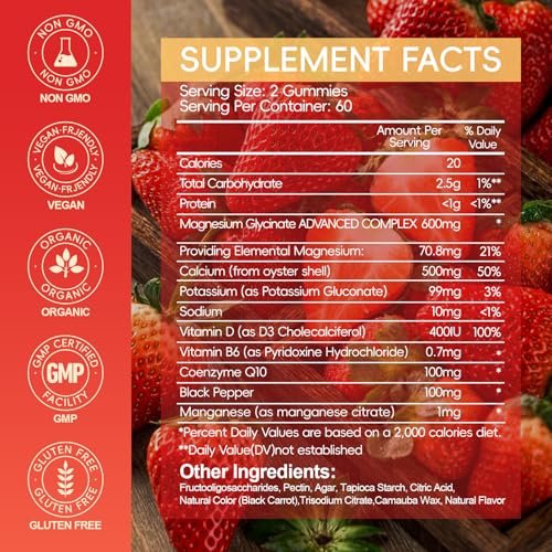 Magnesium Glycinat Gummibärchen 600mg – Zuckerfrei, mit Kalium, Vitamin D, B6 & CoQ10 – 120 Stück (60 Tage Vorrat)