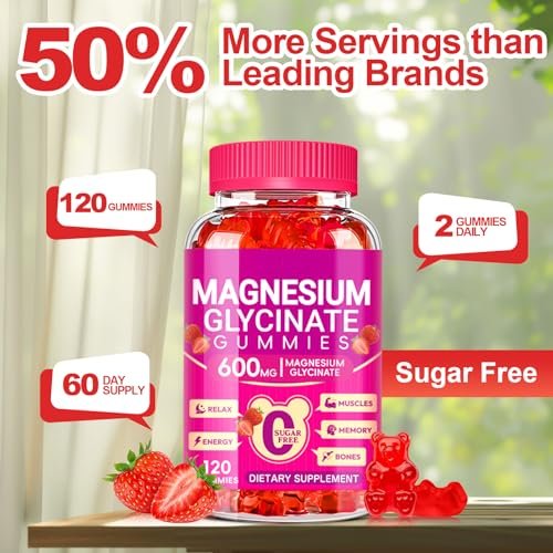 Magnesium Glycinat Gummibärchen 600mg – Zuckerfrei, mit Kalium, Vitamin D, B6 & CoQ10 – 120 Stück (60 Tage Vorrat)
