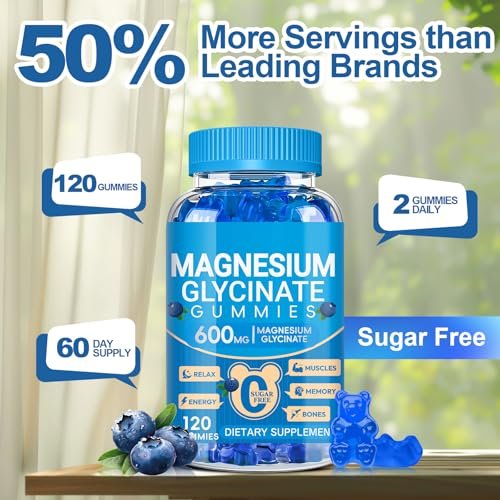 Magnesiumglycinat Gummibärchen 600 mg – Zuckerfreie Kalium-Magnesium-Gummis mit Manganglycinat, Vitamin D, B6 und CoQ10 für innere Ruhe und besseren Schlaf – 60 Tage Vorrat, Blaubeergeschmack