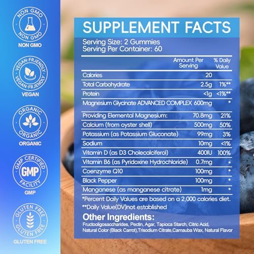 Magnesiumglycinat Gummibärchen 600 mg – Zuckerfreie Kalium-Magnesium-Gummis mit Manganglycinat, Vitamin D, B6 und CoQ10 für innere Ruhe und besseren Schlaf – 60 Tage Vorrat, Blaubeergeschmack