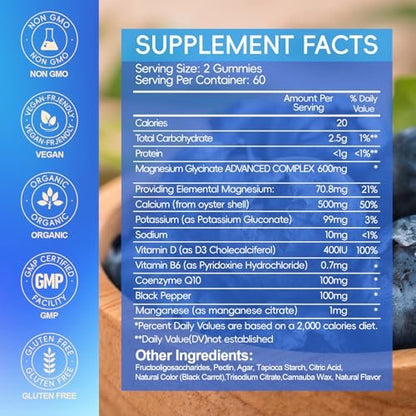 Magnesiumglycinat Gummibärchen 600 mg – Zuckerfreie Kalium-Magnesium-Gummis mit Manganglycinat, Vitamin D, B6 und CoQ10 für innere Ruhe und besseren Schlaf – 60 Tage Vorrat, Blaubeergeschmack