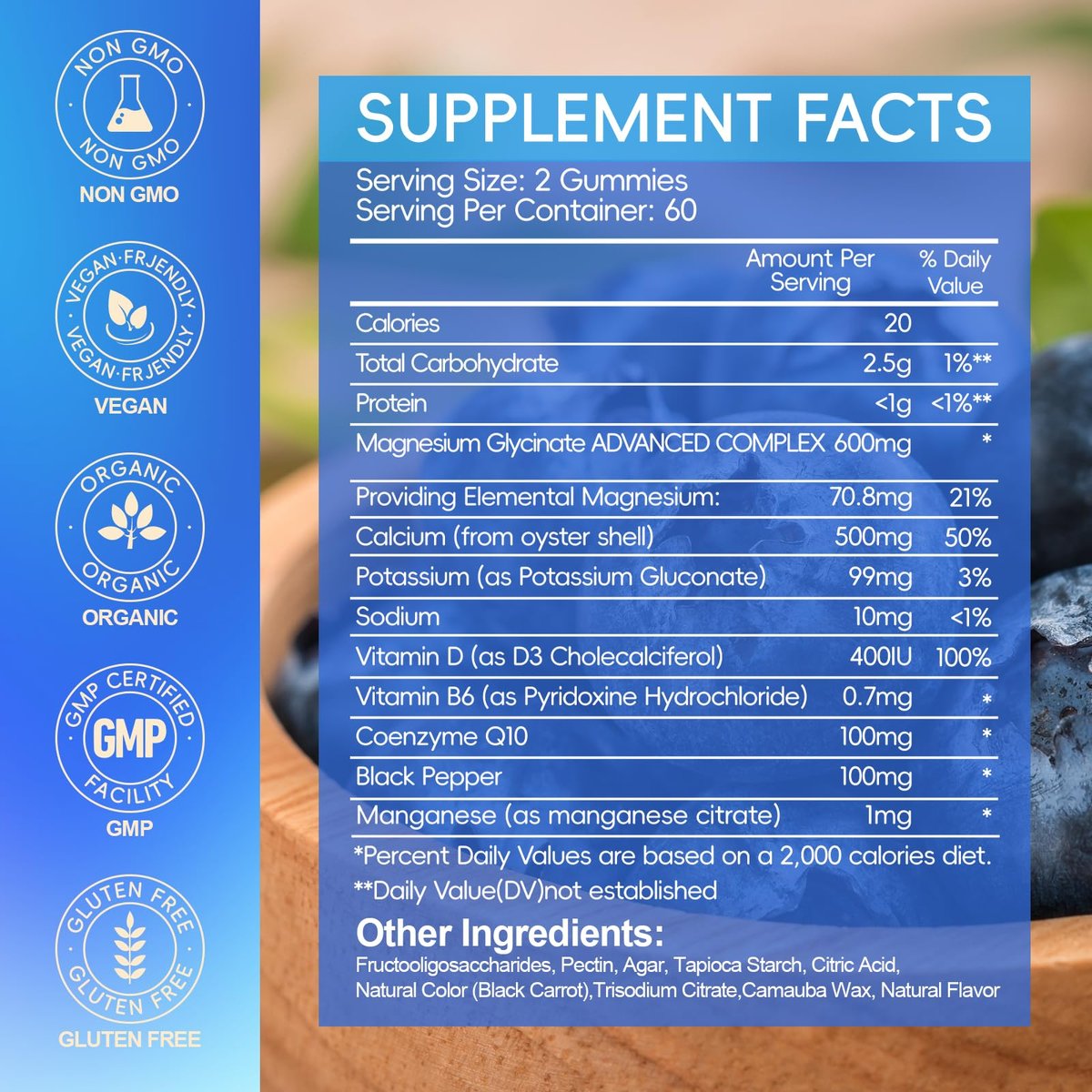 Magnesiumglycinat Gummibärchen 600 mg – Zuckerfreie Kalium-Magnesium-Gummis mit Manganglycinat, Vitamin D, B6 und CoQ10 für innere Ruhe und besseren Schlaf – 60 Tage Vorrat, Blaubeergeschmack