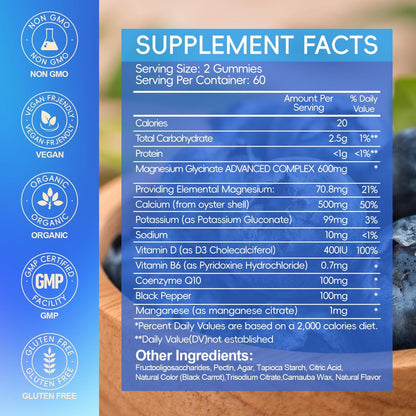 Magnesiumglycinat Gummibärchen 600 mg – Zuckerfreie Kalium-Magnesium-Gummis mit Manganglycinat, Vitamin D, B6 und CoQ10 für innere Ruhe und besseren Schlaf – 60 Tage Vorrat, Blaubeergeschmack