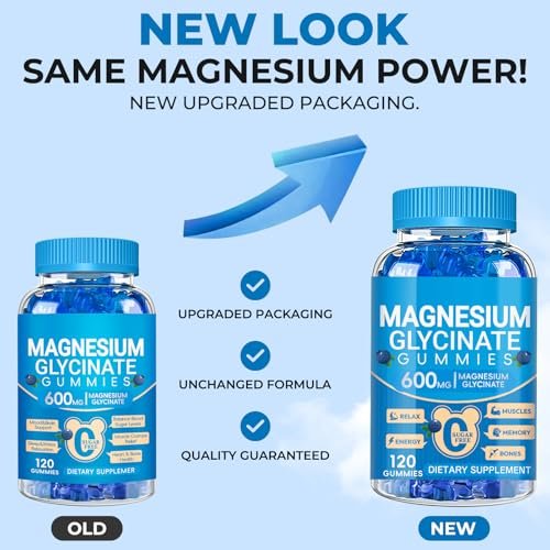 Magnesiumglycinat Gummibärchen 600 mg – Zuckerfreie Kalium-Magnesium-Gummis mit Manganglycinat, Vitamin D, B6 und CoQ10 für innere Ruhe und besseren Schlaf – 60 Tage Vorrat, Blaubeergeschmack