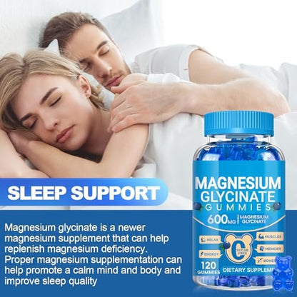Magnesiumglycinat Gummibärchen 600 mg – Zuckerfreie Kalium-Magnesium-Gummis mit Manganglycinat, Vitamin D, B6 und CoQ10 für innere Ruhe und besseren Schlaf – 60 Tage Vorrat, Blaubeergeschmack