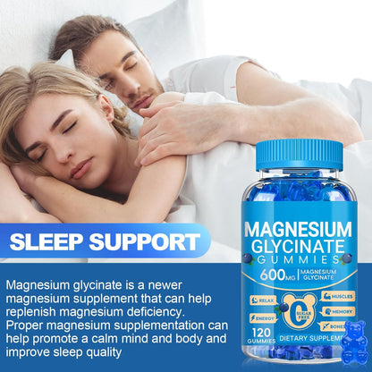 Magnesiumglycinat Gummibärchen 600 mg – Zuckerfreie Kalium-Magnesium-Gummis mit Manganglycinat, Vitamin D, B6 und CoQ10 für innere Ruhe und besseren Schlaf – 60 Tage Vorrat, Blaubeergeschmack