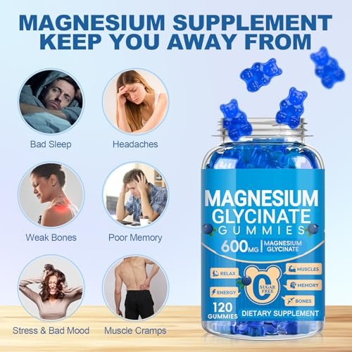Magnesiumglycinat Gummibärchen 600 mg – Zuckerfreie Kalium-Magnesium-Gummis mit Manganglycinat, Vitamin D, B6 und CoQ10 für innere Ruhe und besseren Schlaf – 60 Tage Vorrat, Blaubeergeschmack