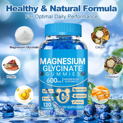 Magnesiumglycinat Gummibärchen 600 mg – Zuckerfreie Kalium-Magnesium-Gummis mit Manganglycinat, Vitamin D, B6 und CoQ10 für innere Ruhe und besseren Schlaf – 60 Tage Vorrat, Blaubeergeschmack